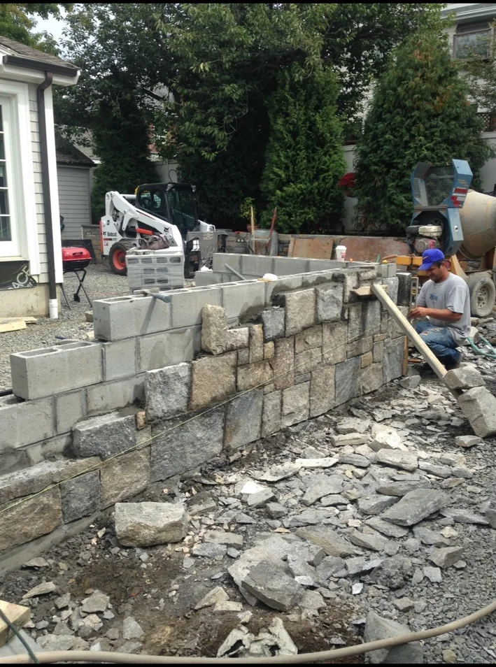 Stone veneer wall construction close view